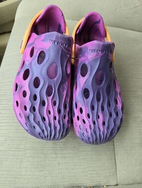 Merrell Kids Purple and Pink Water Clogs with Orange Heel Strap